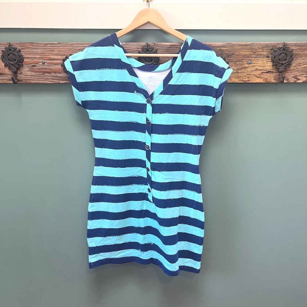 Lilly Pulitzer Striped V-Neck Button Front T-Shirt Mini Dress Blue Green S